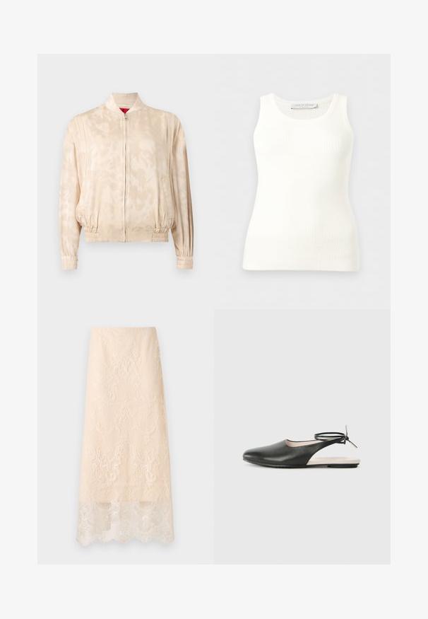Veste bomber beige clair avec un motif tie-dye subtil, fermeture éclair, poignets et taille élastiques, présentée sur un fond uni.; Débardeur blanc côtelé sans manches avec encolure ronde, coupe ajustée, et étiquette de la marque à l'intérieur du col arrière.; Jupe midi couleur crème avec une superposition en dentelle florale complexe et un ourlet festonné, présentée à plat sur un fond blanc.; Chaussure en cuir noir avec un bout pointu et un talon ouvert, dotée d'une sangle à la cheville avec un accent métallique. Semelle plate ; design minimaliste.