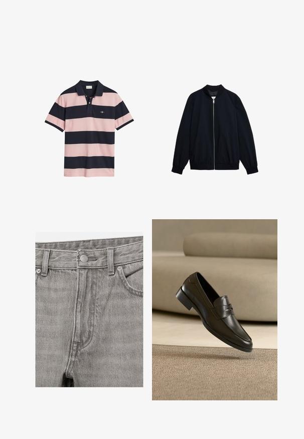 Marine bomberjack, lichtgewicht stof, ritssluiting aan de voorkant, ribgebreide kraag en manchetten, twee zijzakken, gladde textuur, elastische zoom.; Polo shirt met marineblauw en lichtroze horizontale strepen, kraag, knopsluiting met twee knopen en een klein geborduurd logo op de borst.; Grijze spijkerbroek vooraan met knoopsluiting, riemlussen en zichtbare voorzakken.; Zwarte leren loafer zwevend boven een beige tapijt met een beige bank op de achtergrond, met een klassiek mannenmodel instapontwerp.