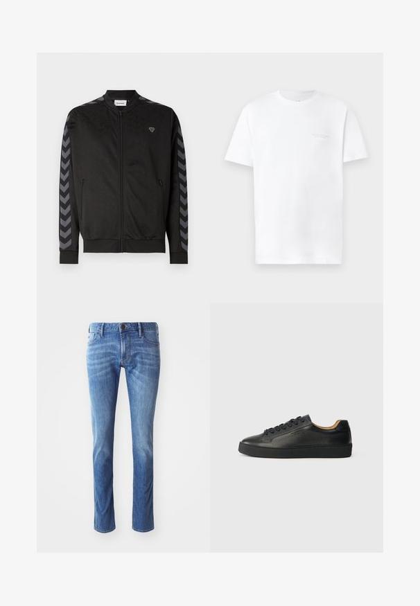 Sort sportjakke med lynlås med grå Chevron-striber ned langs ærmerne og lille logo på venstre bryst, forlommer, ribstrikkede manchetter og kant.; Hvid bomulds t-shirt med korte ærmer, rund halsudskæring, der har et diskret gråt logo print på venstre bryst og en glat overflade.; Lysblå denim jeans med lige ben-design, der har traditionelle fem-lomme detaljer og diskret falmning mod knæene.; Sorte lavtop lædersneakers med tekstureret overflade, sorte snørebånd og tyk gummisål, vist fra siden på en lys baggrund.