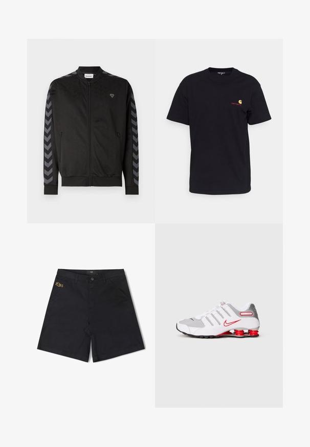 Must zip-up spordijakk hallide sõiduvöödega varruka all ja väike logo vasakul rinnal, esimesed taskud, soonilised varrukasääred ja ääris.; Must have musta t-särk lühikeste varrukatega, ümmargune kaelus ja väike värviline logo vasakul rinnal. Klassikaline lõige ja sile tekstuur.; Mustad mustriid lühikesed püksid, millel on eesnupu sulgemine, küljetaskud ja vasakul taskul väike kollane kala logo.; Valge spordiaken halli tekstiilülemisega, punaste aktsentidega ja nelja tühja põrutuse neelava kolonniga kannas. Paeltega disain, millel on võrkpaneelid.