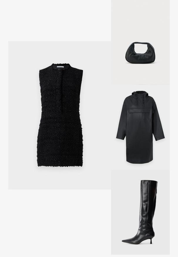 Musthave veekaitsega ülisuur must parka, millel on kõrge krae, reguleeritav kapuuts, esine nööpidega sulgemine ja suur rinnahoidja. Sile tekstuur.; Must mustrõiv mustriga musta värvi, millel on veidi lõtv istuvus, kõrge kaelus ja minimaalne kaunistus.; Must musta kõrge saabas terava ninaga ja sihvakate kaartega kontsadega. Sile tekstuur, keha vastav disain ja nähtava riistvarata või mustriteta.; Mustast punutud hobukott pehme struktuuri ja integreeritud sangaga, esitatud lihtsal heledal taustal.