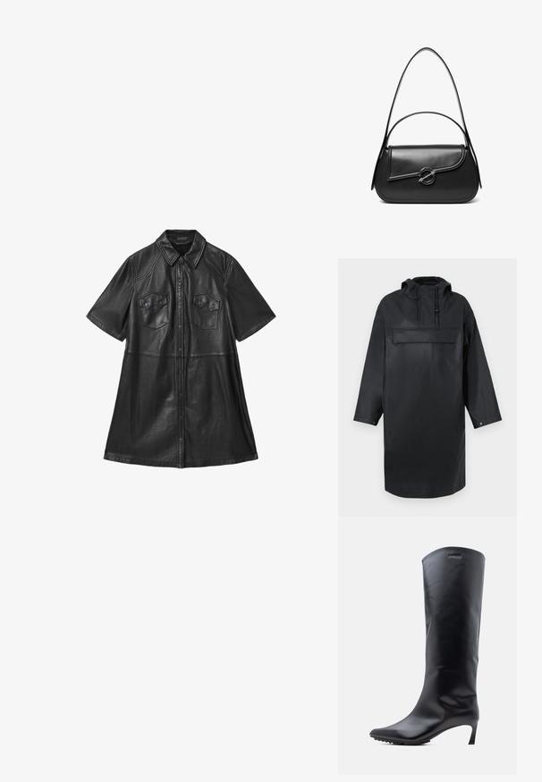 Čierna vodoodolná oversized parka s vysokým golierom, nastaviteľnou kapucňou, predným zapínaním na gombíky a veľkou náprsnej kapsou. Hladká textúra.; Čierna kožená šatová blúzka s krátkymi rukávmi, golierom, dvoma náprsnými vreckami a zapínaním na prednej strane na gombíky. Hladká textúra s upravenými švami.; Čierna kožená čižma po kolená so špičatou špičkou a štíhlym, vysokým podpätkom. Hladká textúra s minimálnym množstvom kovania a logom značky blízko vrchu.; Čierna kožená kabelka cez rameno s zakriveným chlopňovým uzáverom, ktorý je zabezpečený okrúhlym kovovým zapínaním a úzkym, nastaviteľným remienkom.