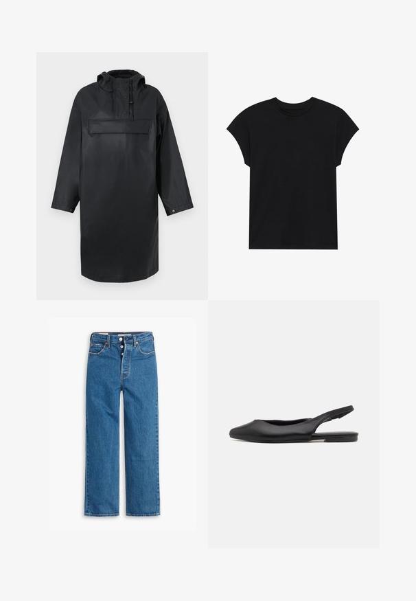Sort vandtæt oversize parka med høj krave, justerbar hætte, frontlukkede knapper og en stor brystlomme. Glat tekstur.; Sort bomulds T-shirt med rund halsudskæring, korte ærmer og en afslappet pasform. Glat tekstur uden synlige mønstre eller udsmykninger.; Blå denim lige ben jeans med høj talje, fem lomme design og knaplukning. Markante syninger og kobberfarvede nitter.; Sorte læder slingback sko med spidse tæer, flad hæl og buet udskæringsdesign. Glat overflade og minimalistisk stil.