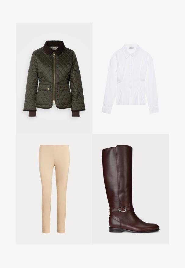 Dunkelgrüne gesteppte Jacke mit einem braunen Cordkragen, Reißverschluss vorne, zwei Taschen und gerippten Bündchen. Goldene Hardwareakzente an den Taschen.; Weiße Bluse mit langen Ärmeln, klassischem Kragen, vorderer Knopfleiste und gerafftem Seitendetail. Glattes Material mit taillierter Form.; Beige, figurbetonte, knöchellange Hose mit glatter Oberfläche und ohne sichtbare Taschen oder Verzierungen auf einfarbigem Hintergrund.; Schwarze Lederstiefel bis zum Knie mit glatter Oberfläche, silberfarbener Schnallenakzent und niedrigem, gestapeltem Absatz. Besitzt dezente Steppnähte.