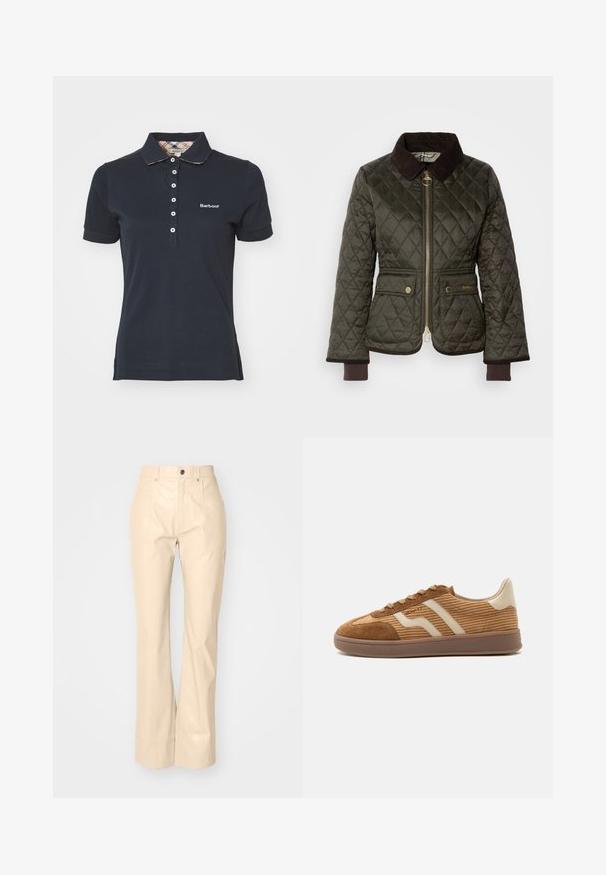 Veste matelassée vert foncé avec un col en velours côtelé marron, fermeture éclair à l'avant, deux poches et poignets côtelés. Accents en métal doré sur les poches.; Polo en coton navy avec un col, doté d'une patte de boutonnage et d'un logo "Barbour" brodé en blanc. Manches courtes et garniture à motif à carreaux.; Pantalons évasés en simili cuir beige avec une texture lisse, dotés de poches avant, d'une fermeture à bouton et d'une finition légèrement brillante.; Baskets en daim marron et velours côtelé avec des rayures beiges ondulées, des lacets et une semelle en caoutchouc sur fond blanc, vue de côté.