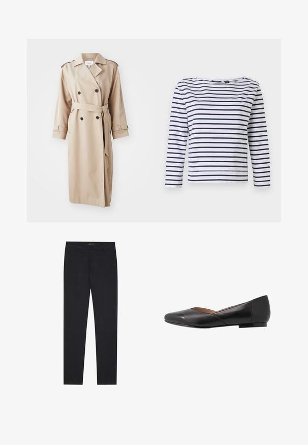 Manteau trench beige avec un devant croisé, des boutons noirs, une ceinture à la taille et des épaulettes aux épaules ; fabriqué en tissu lisse avec une coupe décontractée.; Haut à manches longues rayé en blanc et bleu marine, avec un col bateau et une coupe décontractée. Fabriqué en coton doux avec des ourlets cousus.; Pantalons formels noirs slim fit avec passants de ceinture et poches avant, conçus pour un look professionnel et ajusté.; Chaussure plate en cuir noir avec un bout pointu, un talon bas et un design supérieur légèrement ouvert. Texture lisse avec des détails de couture minimalistes.