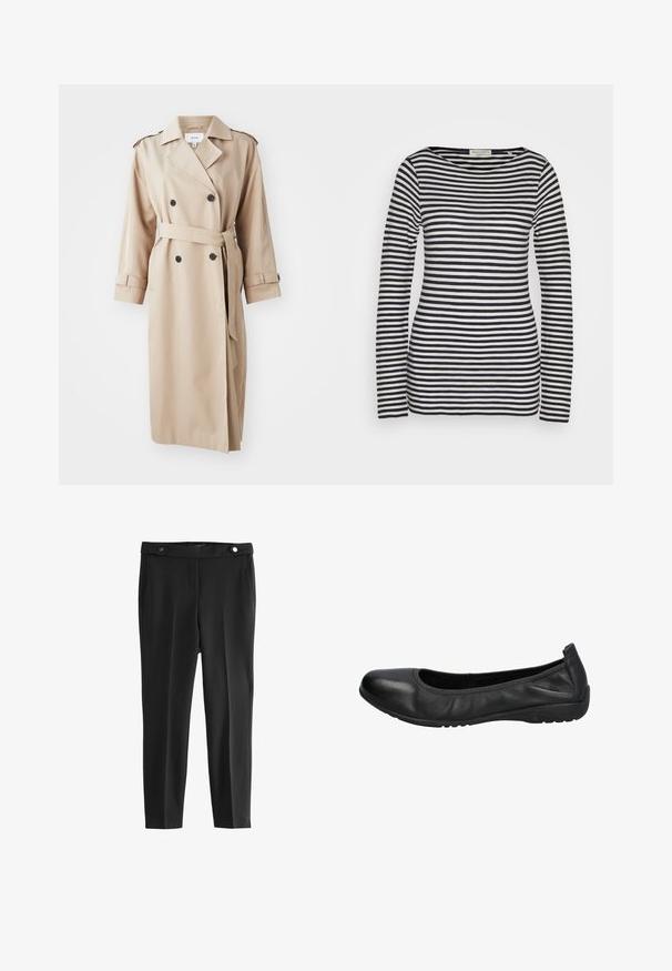 Beige trenchcoat med dobbeltbrystet front, sorte knapper, bælte ved taljen og skulderepauleter; lavet af glat stof med en afslappet pasform.; Langærmet top i bomuld med vandrette marineblå og hvide striber, rund hals, slank pasform, med en glat tekstur og minimalistisk design.; Sorte skræddersyede bukser med en glat tekstur, der har to frontlommer og en talje med to runde sorte knapper.; Sorte læder balletflade med rund tå, glat overflade og en let elastisk kant for komfort. Gummisål for godt greb.