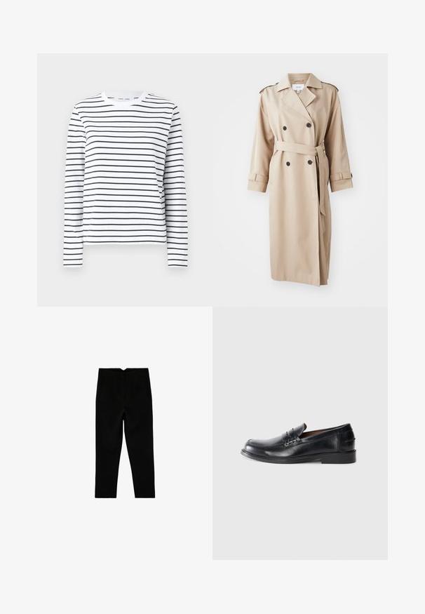 Beige trenchcoat med dobbeltbrystet front, sorte knapper, bælte ved taljen og skulderepauleter; lavet af glat stof med en afslappet pasform.; Langærmet skjorte i hvid bomuld med sorte horisontale striber. Har en rund halsudskæring og en afslappet pasform. Ingen bemærkelsesværdige accenter eller mønstre.; Sorte skræddersyede ankelkorte bukser med sidelommer og let tilspidset ben, vist fladt på en hvid baggrund.; Sorte læder loafers med en rund tå, syninger og en lav blokhælhæl. Glat tekstur med en subtil glans.