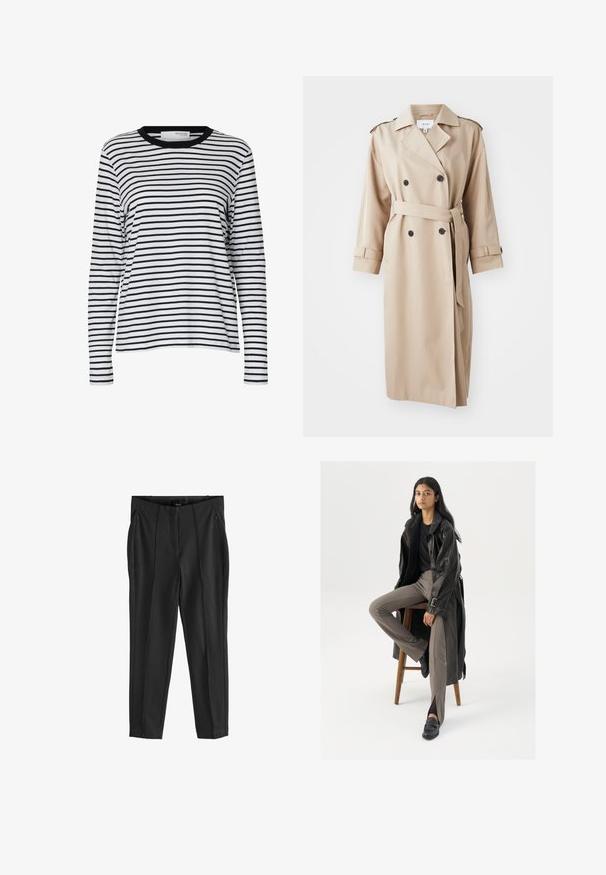 Beige trenchcoat med dobbeltbrystet front, sorte knapper, bælte ved taljen og skulderepauleter; lavet af glat stof med en afslappet pasform.; Hvid langærmet skjorte med sorte vandrette striber og en sort rund hals, vist på en ensartet hvid baggrund.; Sorte tapered bukser med en glat tekstur, der har to forreste lynlås lommer og fold i fronten for en struktureret design.; Sort læder trench coat med knapper og bælte detalje, parret med lysebrune tætsiddende bukser og sorte loafers, siddende på en træstol.