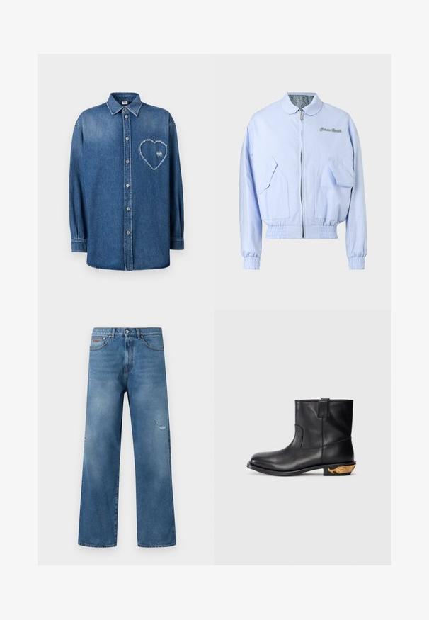 Veste bomber zippée bleu clair avec poignets et ourlet élastiques, poches à rabat à l'avant, et texte brodé sur la poitrine.; Chemise en denim bleu à manches longues avec une patte de boutonnage, un col et un patch en forme de cœur effiloché sur la poitrine gauche.; Jean en denim bleu avec une coupe droite, légère usure sur la cuisse droite, style cinq poches, et taille avec fermeture à boutons.; Bottine en cuir noir avec une surface lisse, un bout arrondi et un motif de baleine rehaussé d'or sur le talon. Design minimaliste.