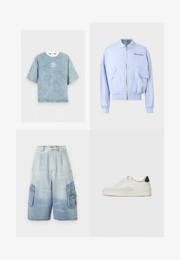 Veste bomber zippée bleu clair avec poignets et ourlet élastiques, poches à rabat à l'avant, et texte brodé sur la poitrine.; T-shirt oversize bleu délavé à manches courtes avec une encolure ronde blanche et un petit logo circulaire délavé sur la poitrine.; Short cargo en denim bleu clair avec plusieurs poches à rabat et fermetures par boutons, taille haute et coupe jambes larges.; Baskets blanches avec des accents en daim, bout arrondi, lacets plats et semelle en caoutchouc crème. Présente une marque verte sur le talon.