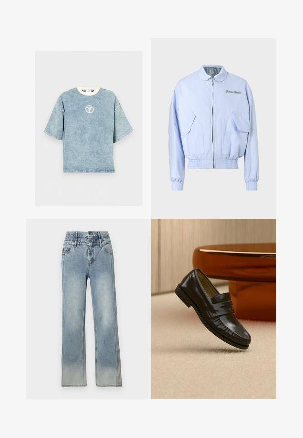 Veste bomber zippée bleu clair avec poignets et ourlet élastiques, poches à rabat à l'avant, et texte brodé sur la poitrine.; T-shirt oversize bleu délavé à manches courtes avec une encolure ronde blanche et un petit logo circulaire délavé sur la poitrine.; Jean bleu clair taille haute à jambes droites avec poches avant, fermeture par bouton et zones subtilement délavées sur les cuisses et les jambes.; Mocassin en cuir noir brillant avec un détail de bride, posé sur un tapis beige près d'une table basse ronde en bois brun dans une pièce doucement éclairée.