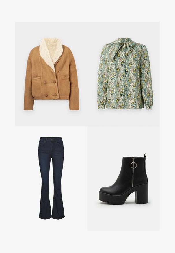 Pruun suede jakk, millel on suur kreemjas faux shearling-kaelus, kahe nööbiga ettepoole kinnitamine ja kaks esi-taskut.; Pikkade varrukatega pluus, millel on lipsukaelus, valmistatud kergest kangast, millel on mitmevärviline lille- ja abstraktne muster heledal taustal.; Tumesinised laiema lõikega teksapüksid kõrge vöökohaga, millel on viis taskut ja peened õmblused. Sile tekstuur klassikalise disainiga.; Mustad mustad, mis on valmistatud kunstnahast, külgzipperiga, tugeva kontsaga, platvormi tallaga ja silmusena tõmblukuga taga.