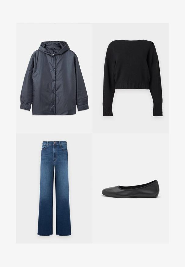 Veste légère gris foncé avec capuche, boutons-pression et poignets élastiques. Fini lisse et mat avec une coupe décontractée.; Pull court noir à manches longues avec large encolure et poignets et ourlet côtelés, présenté sur un fond gris clair uni.; Jean large avec un dégradé de bleu, doté d'une taille haute, de cinq poches et de coutures contrastantes pour plus de détails.; Ballerines en cuir noir avec un bout rond, texture lisse, détails de couture minimalistes et design de semelle flexible.
