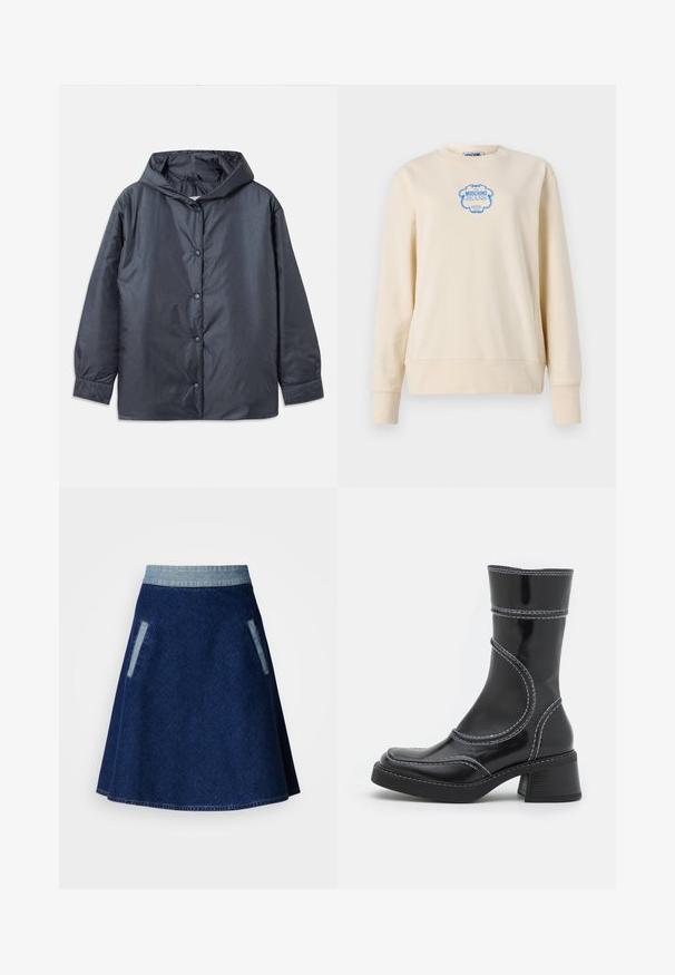 Donkergrijze lichtgewicht jack met capuchon, drukknoopsluiting en elastische manchetten. Soepele, matte afwerking met een relaxte pasvorm.; Beige sweater gemaakt van zachte katoen, met een ronde halslijn en lange mouwen. Toont een blauw logo in een sierlijk frame in het midden.; Donkerblauwe denim A-lijn rok met een lichtgekleurde denim tailleband en twee zijzakken. Heeft een gestikte zoom en een gladde textuur.; Zwarte lakleren enkellaars met witte stiksels, ronde neus en blokhak. Kenmerkt zich door gebogen ontwerplijnen en een gladde textuur.