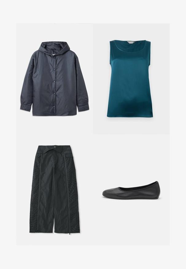 Mørkegrå letvægtsjakke med hætte, trykknapper og elastiske ærmer. Glat, mat finish med en afslappet pasform.; Ærmeløs teal satinbluse med rundet halsudskæring og glat, blank stoftekstur, lagt fladt på en hvid baggrund.; Sort brede bukser lavet af letvægtsmateriale, der har teksturerede mønstre på siderne og lynlåsåbninger ved kanten.; Sort læderballetsko med rund tå, glat tekstur, minimal syning og et fleksibelt såldesign.