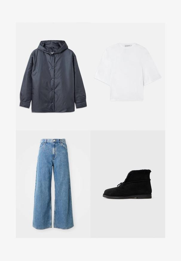 Veste légère gris foncé avec capuche, boutons-pression et poignets élastiques. Fini lisse et mat avec une coupe décontractée.; Chemise blanche à manches courtes avec coupe ample, manches larges et décolleté rond, étiquetée Viktor&Rolf à l'intérieur du col.; Jean en denim léger bleu clair à taille haute, avec fermeture à boutons et à glissière à l'avant, et poches avant sur fond blanc.; Botte de cheville en suede noir avec doublure en fourrure visible à l'ouverture et un lacet noué autour de la partie supérieure.