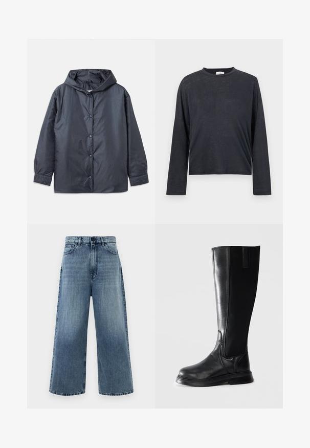 Donkergrijze lichtgewicht jack met capuchon, drukknoopsluiting en elastische manchetten. Soepele, matte afwerking met een relaxte pasvorm.; Donkergrijze, lange mouwen, cropped t-shirt gemaakt van een lichtgewicht, licht textuurstof. Beschikt over een ronde halslijn en een losse pasvorm.; Lichtblauwe wijde jeans van denim, met een hoge taille, voorzakken en klassieke stiksels. Geen zichtbare versieringen.; Zwarte leren laars tot de knie met elastische zijpanelen en een lage hak, weergegeven vanuit de buitenkant op een witte achtergrond.