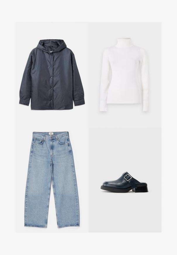 Veste légère gris foncé avec capuche, boutons-pression et poignets élastiques. Fini lisse et mat avec une coupe décontractée.; Pull en col roulé blanc, taille ajustée, manches longues, texture douce, tissu lisse, detailing minimal, poignets et col côtelés.; Agolde Jean baggy - light-blue denim; Sabot en cuir bleu marine avec une finition texturée, présentant une sangle latérale et une boucle en argent, reposant sur un petit talon noir avec une semelle robuste.