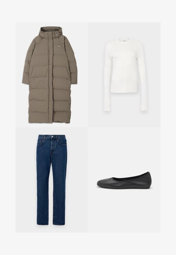 Lang, polstret frakke i en afdæmpet brun farve, med hætte, frontal lynlås og to sidelommer. Glat tekstur med et minimalistisk design.; Hvid langærmet t-shirt lavet af blødt bomuld. Har rund halsudskæring, tætsiddende silhuet og glat tekstur. Ingen mønstre eller accenter.; Mørkeblå denimjeans med klassisk lige benudskæring, fem lommer og synlig syning. Stoffet har en let struktur.; Sort læderballetsko med rund tå, glat tekstur, minimal syning og et fleksibelt såldesign.