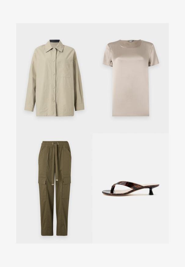 Beige oversized jakke i let stof, med spids krave, frontlukning med knapper og en brystlomme med prægede logodetaljer.; Beige kortærmet T-shirt lavet af glat satin stof med rund halsudskæring og minimalistisk design uden dekorationer.; Oliven grønne cargo-bukser med elastisk talje, snor, to sidelommer og to cargo-lommer, der har en glat bomuldsstruktur.; Brun skildpaddeskal kitten heel sandal med snorrestram og firkantet tå på en ensfarvet lys baggrund.