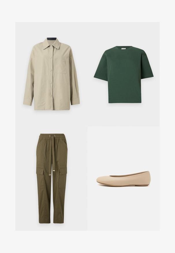 Beige oversized jakke i let stof, med spids krave, frontlukning med knapper og en brystlomme med prægede logodetaljer.; Grøn bomuld t-shirt med løs pasform, rund halsudskæring og korte ærmer. Glat tekstur og minimalistisk design.; Oliven grønne cargo-bukser med elastisk talje, snor, to sidelommer og to cargo-lommer, der har en glat bomuldsstruktur.; Beige læder balletflade med afrundet tå, minimal sømdetaljering, lav hæl og subtilt logo på bagsiden. Glat, mat tekstur.