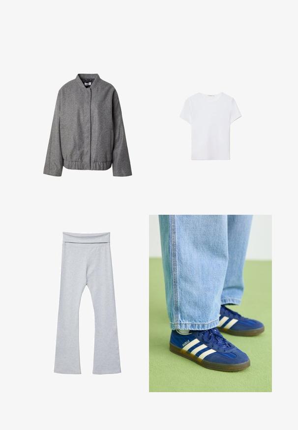Veste en mélange de laine grise avec un col montant, fermeture à boutons sur le devant, poches latérales et une coupe légèrement courte et carrée pour un ajustement moderne.; T-shirt blanc à manches courtes en tissu doux. Dispose d'un col rond et d'un design simple et épuré avec un ourlet droit.; Leggings grises évasés avec une large ceinture douce, fabriquées dans un tissu lisse et extensible. Présentent une coupe ajustée et une longueur cheville.; Baskets en daim bleu avec des rayures blanches et des motifs texturés, portées avec un pantalon en denim bleu clair, sur fond vert.