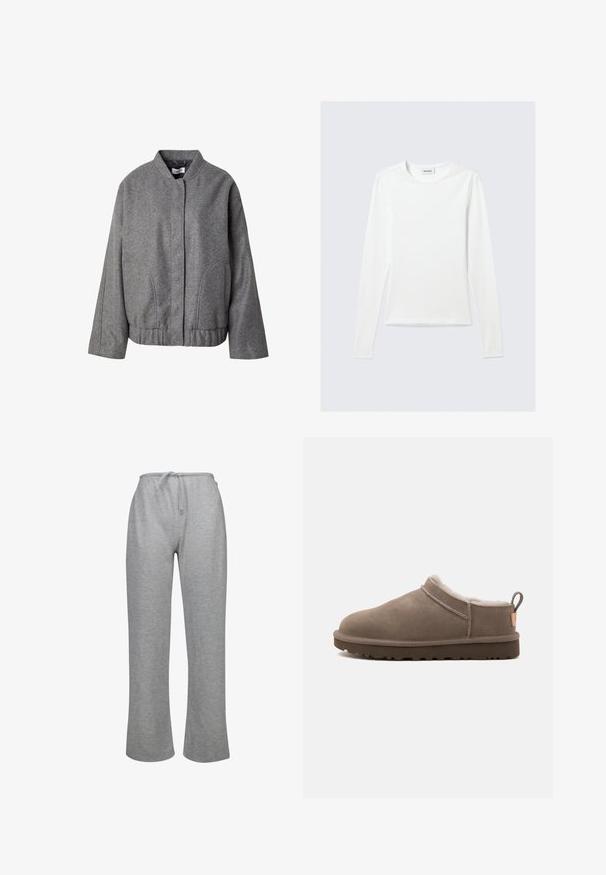 Grau melierter Wollmischjacke mit Stehkragen, vorderem Knopfverschluss, seitlichen Taschen und einer leicht verkürzten, kastigen Form für einen modernen Sitz.; Langärmliges, schlichtes weißes Rundhals-Shirt mit schlanker Passform, dargestellt vor einem hellgrauen Hintergrund.; Graue Jogginghose aus weichem Stoff, mit einem Kordelzugbund, lockerer Passform und leicht ausgestellt geschnittenen Beinöffnungen.; Niedrig geschnittener taupefarbener Wildlederschuh mit weißem Fleecefutter, dunkler Gummisohle und Zuglasche an der Ferse, seitlich auf weißem Hintergrund dargestellt.