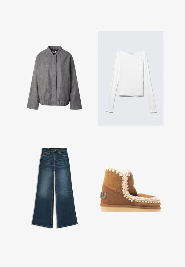 Veste en mélange de laine grise avec un col montant, fermeture à boutons sur le devant, poches latérales et une coupe légèrement courte et carrée pour un ajustement moderne.; Haut blanc à manches longues avec un design croisé et une poche. Fabriqué dans un tissu lisse et extensible. Coupé dans une coupe décontractée et ample.; Jean en denim bleu à jambes larges avec bouton sur le devant et poches, posé à plat sur fond blanc.; Bottine en daim marron avec une couture décorative crème le long du bord supérieur et un détail de logo métallique sur le côté extérieur. Semelle plate.