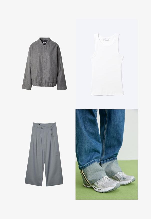 Grijze wolmixjas met een staande kraag, sluiting met knopen aan de voorkant, zijzakken en een licht gecropte, boxy pasvorm voor een moderne look.; Wit mouwloos geribd tanktopje met ronde hals en een klein label met daarop "WEEKDAY" aan de binnenkant van de kraag.; Lichtgrijze wijde broek met subtiele krijtstreep, knoopsluiting aan de voorkant, riemlussen en geplooide details vlakbij de tailleband.; Grijze sportieve schoenen van mesh materiaal met witte accenten, in combinatie met blauwe denim jeans die aan de enkels zijn omgeslagen.