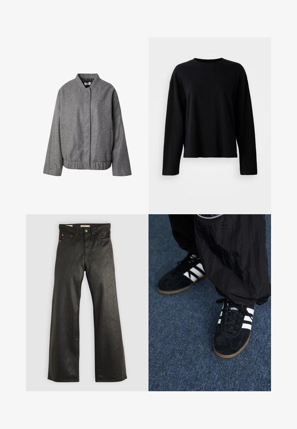 Grijze wolmixjas met een staande kraag, sluiting met knopen aan de voorkant, zijzakken en een licht gecropte, boxy pasvorm voor een moderne look.; Zwart langemouwen t-shirt van een zachte, lichtgewicht stof met een ronde hals en een relaxte pasvorm, met minimale stikseldetails.; Zwarte denim wijd-uitlopende broek met een gladde textuur, voorzien van vijf zakken en details met koperen hardware. Klassieke knoopsluiting.; Zwarte suède sportschoenen met drie witte strepen en zwarte veters. Een gestructureerde zwarte broek is deels zichtbaar naast de schoenen.