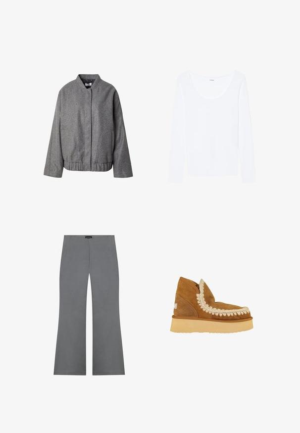 Grijze wolmixjas met een staande kraag, sluiting met knopen aan de voorkant, zijzakken en een licht gecropte, boxy pasvorm voor een moderne look.; Langsleeve, scoop-neck top van effen witte stof. Heeft een gladde textuur en een getailleerd ontwerp met minimale details.; Grijze uitlopende broeken met een gladde textuur, voorzien van een hoge taille en een strakke vormgeving. Geen zichtbare patronen of metalen details.; Bruine suède enkelboot met een geweven crèmekleurige rand, een ronde neus en een dikke, lichtgekleurde rubberen zool. Platter ontwerp met een lage hoogte.