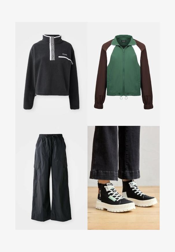 Grøn lynlåstrøje med brune ærmer, hvide skulderpaneler, elastiske manchetter og snoretræk i bundkanten.; Sort fleece pullover med halv lynlås krave, der har en brystlomme og kontrasterende hvide og grå detaljer. Blød tekstur, cropped design.; Sorte cargo-bukser lavet af letvægtigt stof, med vidde i benene, elastisk talje og flere sidelommer. Enkle og funktionelle.; Sorte høje sneakers med hvide gummisåler, tekstureret stof, grønne og orange accenter samt hvide snørebånd. Detaljeret syning på siderne.