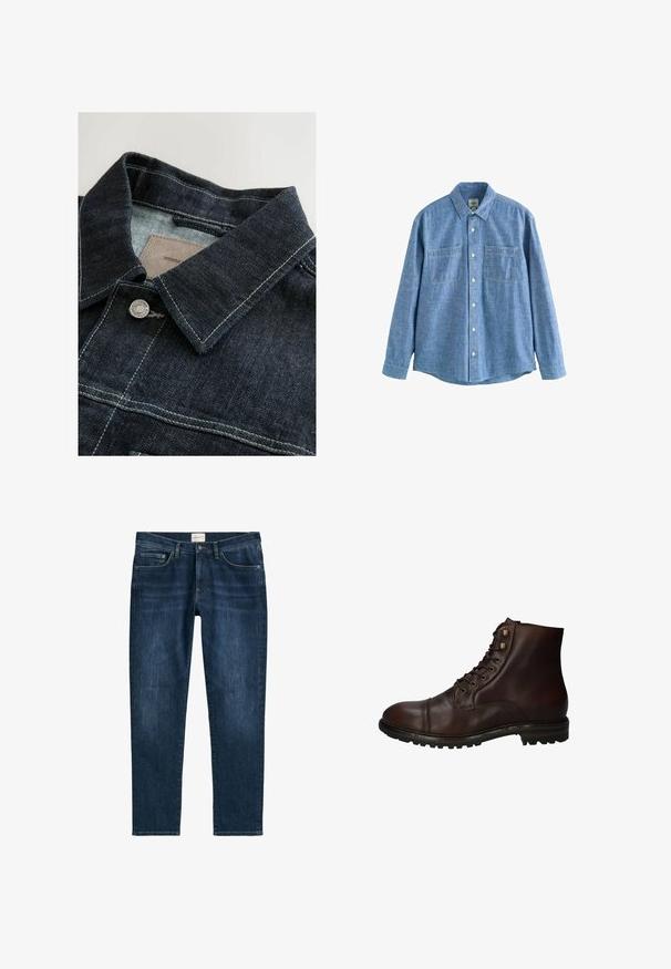 Denim jack met een donkerblauwe kleur, een puntige kraag, zilveren metalen knoop en contrasterende stiksels op het voorpaneel. Getextureerde stof.; Blauw chambray overhemd met lange mouwen, knoopsluiting aan de voorkant en twee borstzakken, plat gelegd op een witte achtergrond.; Donkerblauwe denim jeans met een rechte pijp, vijf zakken, riemlussen en subtiele vervaging. De stof heeft een gladde textuur.; Donkergrote leren veterschoenen tot de enkels met een robuuste rubberen zool en metalen veters, gezien vanuit de buitenzijde.