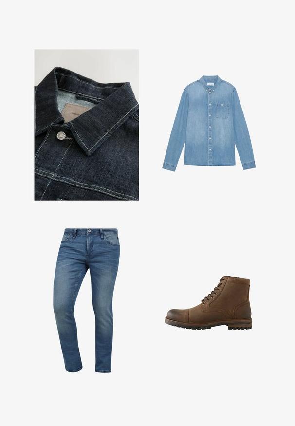 Veste en denim de couleur bleu foncé, avec un col pointu, un bouton en métal argenté et des coutures contrastées sur le panneau avant. Tissu texturé.; Chemise en denim bleu clair à boutons, manches longues, col pointu, poche poitrine unique et décoloration subtile sur le tissu.; Jean en denim bleu slim fit avec un lavage décoloré, conception à cinq poches et fermeture à bouton en métal. Le tissu présente une légère texture et des détails de couture.; Bottine en cuir marron avec laçage à l'avant et semelle robuste, conçue pour une utilisation décontractée ou en extérieur.