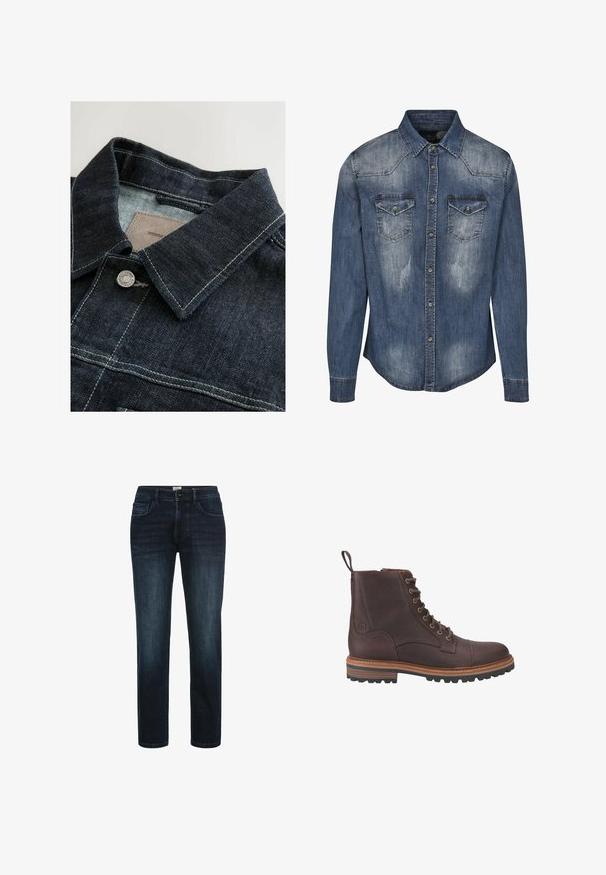 Jeansjacke in Dunkelblau mit spitzem Kragen, silberner Metallknopf und Kontrastnähten auf der Vorderseite. Strukturierter Stoff.; Dunkelblaue Jeanshemd mit klassischem Kragen, langen Ärmeln, zwei Brusttaschen, verblasster Textur und knöpfbarem Vorderteil.; Dunkelblaue Denim-Jeans mit geradem Bein, ausgestattet mit fünf Taschen, einem Knopfverschluss und dezentem Verblassen an den Oberschenkeln.; Braune Leder-Stiefeletten mit Schnürung, strukturierter Oberfläche, kontrastierenden beigen Sohlen und Metallösen. Verfügen über eine Lasche zum einfachen An- und Ausziehen.