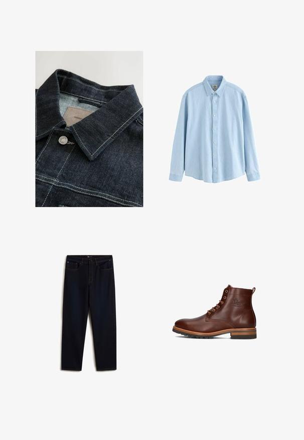 Denim jack met een donkerblauwe kleur, een puntige kraag, zilveren metalen knoop en contrasterende stiksels op het voorpaneel. Getextureerde stof.; Lichtblauw denim overhemd met lange mouwen, knopen en kraag, medium maat, weergegeven tegen een witte achtergrond.; Vans Relaxed fit jeans - dark blue; Bruine leren enkellaars met ronde neus, vetersluiting, contrasterende hak en zolen, en een reliëflogo op de zijkant.