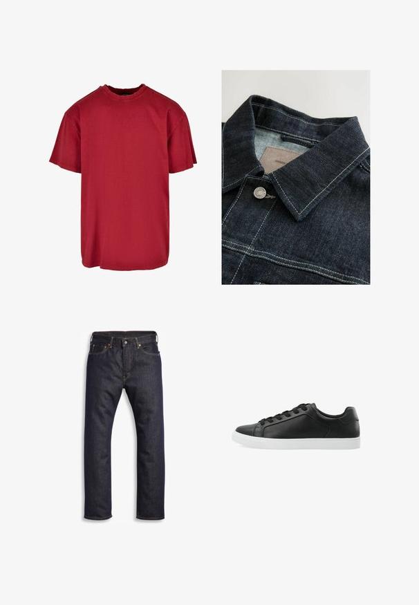 Jeansjacke in Dunkelblau mit spitzem Kragen, silberner Metallknopf und Kontrastnähten auf der Vorderseite. Strukturierter Stoff.; Rotes Baumwoll-T-Shirt mit lässiger Passform, kurzen Ärmeln, rundem Halsausschnitt und abgenutzten Akzenten in der Nähe der Schultern. Keine sichtbaren Logos.; Dunkelblaue Jeans aus Denim mit geradem Schnitt, Fünf-Taschen-Design, metallischen Komponenten und kontrastierenden orangen Nähten. Glatte Textur, keine sichtbaren Muster.; Schwarze Leder-Sneaker mit glatter Textur, runder Zehenpartie, flacher weißer Gummisohle und schwarzen Schnürsenkeln. Verfügt über ein minimalistisches Design und keine sichtbare Markenkennzeichnung.