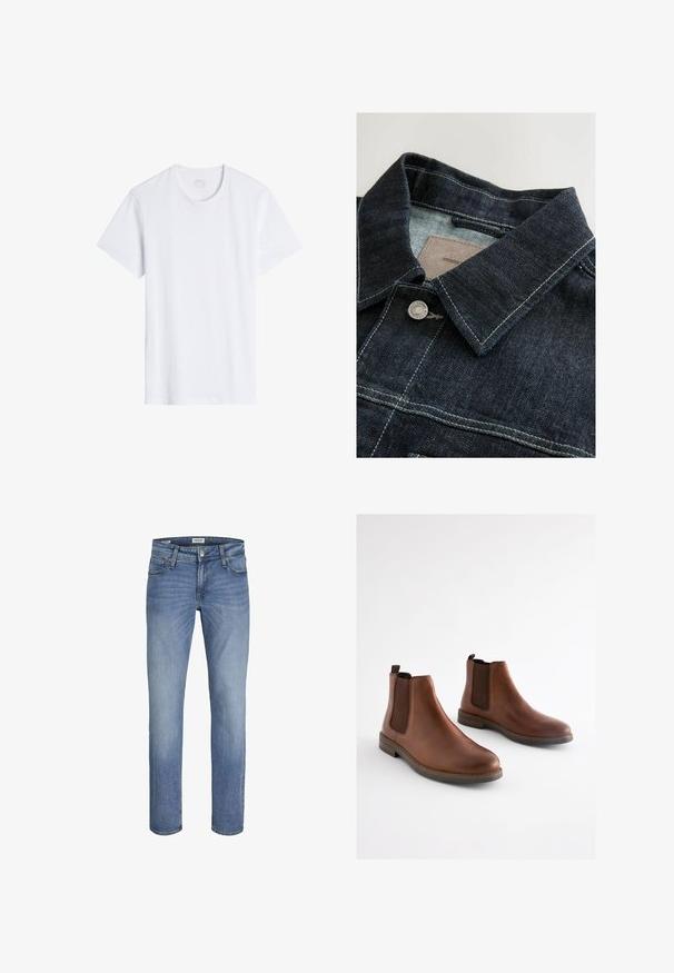 Veste en denim de couleur bleu foncé, avec un col pointu, un bouton en métal argenté et des coutures contrastées sur le panneau avant. Tissu texturé.; T-shirt blanc à manches courtes avec un col rond. Confectionné en coton doux, il présente une coupe décontractée et des coutures minimales.; Jean en denim bleu clair à coupe droite, avec un design à cinq poches et un léger effet délavé à l'avant. Comprend des passants de ceinture et une fermeture à bouton.; Bottes basses en cuir marron avec des panneaux élastiques sur les côtés, un bout arrondi et un talon empilé. Texture lisse avec des accents marron contrastants.