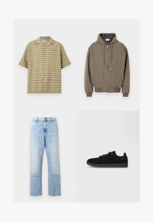 Veste à capuche en coton vert olive avec fermeture éclair, équipée d'une poche kangourou et d'un petit écusson de logo de la marque sur le devant.; Chemise à manches courtes boutonnée avec un motif à carreaux olive et blanc et un col camp, présentée sur un fond clair uni.; Jean en denim bleu clair à taille haute, avec grandes poches plaquées à l'avant, fermeture à boutons et jambes larges et droites.; Baskets en daim noir avec une semelle en gomme lisse, présentant un design à tige basse, des lacets ronds et des accents de couture subtils.