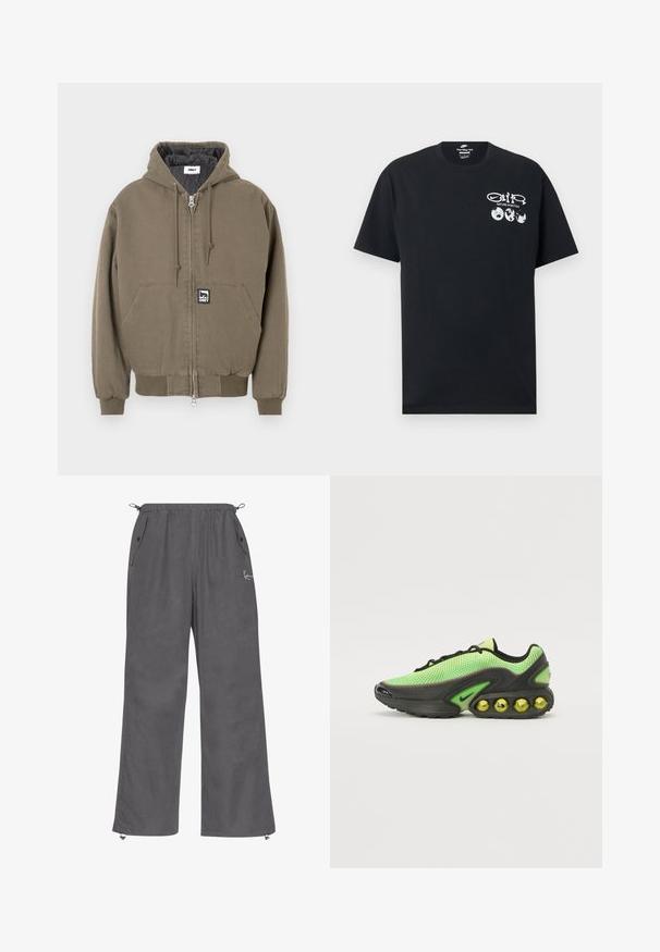 Hættetrøjejakke i olivengrønt bomuld med lynlås, der har en kængurulomme og en lille mærkelogo-patch foran.; Sort Nike T-shirt med korte ærmer med hvid tekst "Nature in Motion", tre ikoner af jordkloden og Nike Swoosh-grafik på venstre bryst.; Grå, brede bukser lavet af blød stof. Har en elastisk talje, sidelommer og lynlåse ved anklerne. Enkelt design med minimal detaljer.; Nike sneakers med en mesh-overdel i lys grøn, sorte accenter og en karakteristisk sål med synlige gule luftbobler.