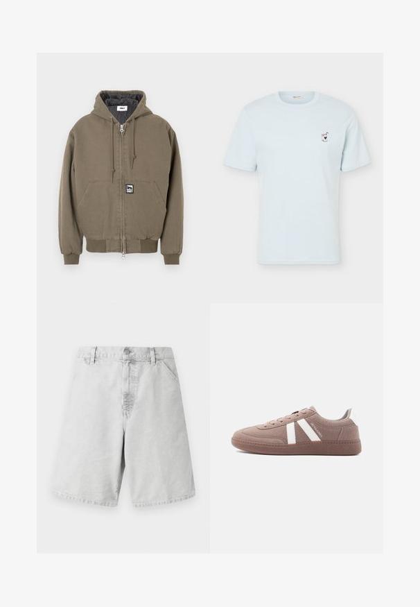Gewatteerd jack in olijfgroen katoen met ritssluiting, voorzien van een kangoeroezak en een klein merkembleem aan de voorkant.; Lichtblauw T-shirt met korte mouwen, klein geborduurd sapdoosje en hartje links op de borst, ronde halslijn, eenvoudig ontwerp.; Lichtgrijze katoenen shorts met een klassieke snit, voorzien van een ritssluiting, riemlussen en zijzakken. Gladde textuur met een eenvoudig ontwerp.; Informele bruine suède sneaker met witte strepen, vetersluiting, gestructureerde zool en "JACK & JONES" branding aan de zijkant.