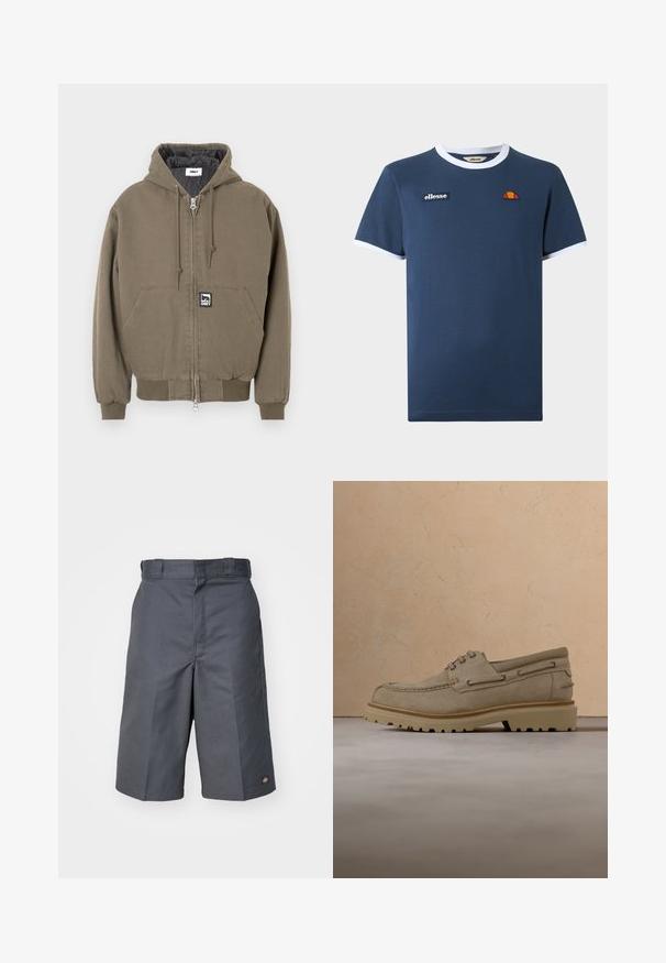 Veste à capuche en coton vert olive avec fermeture éclair, équipée d'une poche kangourou et d'un petit écusson de logo de la marque sur le devant.; T-shirt bleu marine à manches courtes avec bord blanc au col et aux manches, avec un écusson du logo ellesse et un petit emblème orange-rouge sur la poitrine.; Shorts gris en tissu durable, dotés d'une coupe droite, de deux poches latérales et d'un petit logo sur la poche arrière.; Chaussure décontractée beige en daim à lacets avec une semelle épaisse et rainurée, présentée en suspension au-dessus d'une surface texturée beige assortie et d'un arrière-plan.