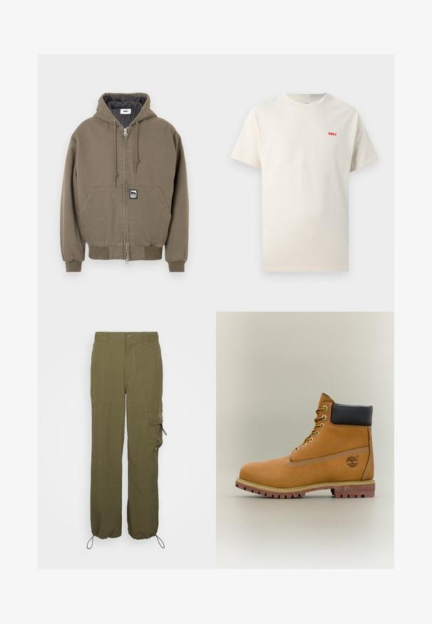 Kapuzensweatjacke aus olivgrünem Baumwollstoff mit Reißverschluss, ausgestattet mit einer Kängurutasche und einem kleinen Markenlogo-Patch auf der Vorderseite.; Off-white T-Shirt mit kurzen Ärmeln und Rundhalsausschnitt mit kleinem roten "OBEY"-Logo auf der linken Brust.; Olivgrüne Cargo-Hosen aus leichtem Material. Zu den Merkmalen gehören ein Knopfverschluss, Seitentaschen und verstellbare Bündchen mit Kordelzügen.; Brauner Leder-Stiefelette mit schwarzem Kragen, gelben Schnürsenkeln und hellbrauner Sohle. Verfügt über ein Logo und weiße Ziernähe. Robuste Profilsohle.