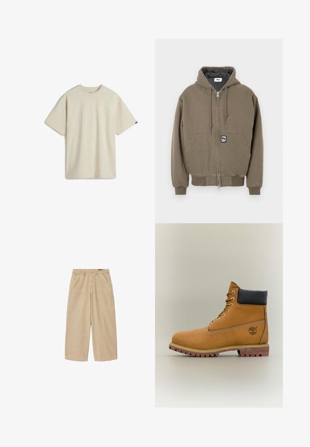 Gewatteerd jack in olijfgroen katoen met ritssluiting, voorzien van een kangoeroezak en een klein merkembleem aan de voorkant.; Beige katoenen T-shirt met korte mouwen, een ronde hals en een klein wit logo op de borst. Soepele textuur met een ontspannen pasvorm.; Beige wijde cropped broek met ceintuurlussen, knoopsluiting aan de voorkant, ritssluiting en schuine zakken aan de voorkant op een witte achtergrond.; Bruine leren enkellaars met zwarte kraag, gele veters en een zandkleurige zool. Voorzien van een logo en witte stikseldetails. Robuuste loopzool met grip.