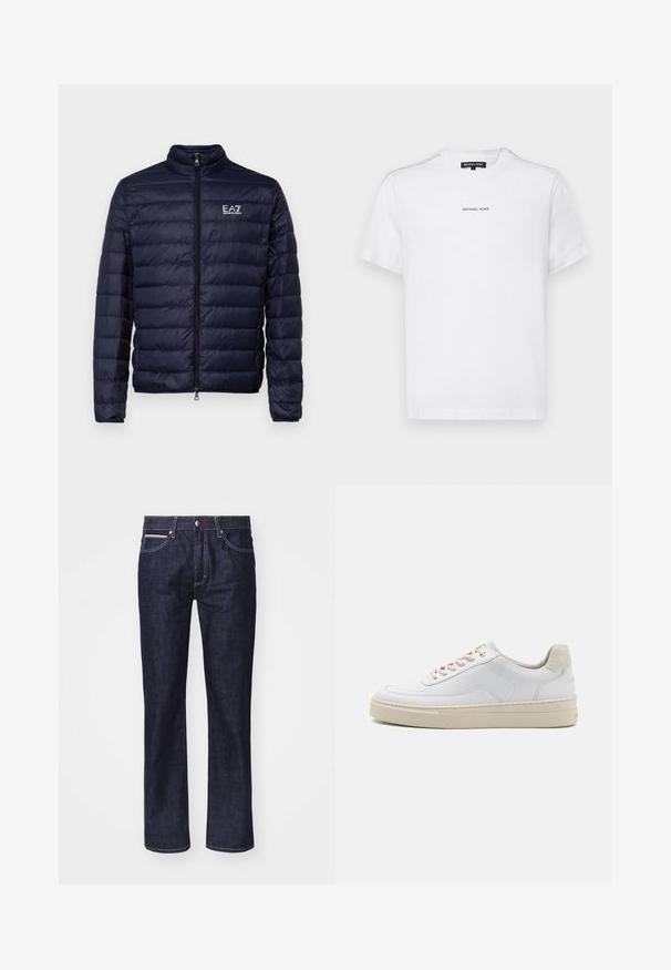 Veste matelassée marine avec fermeture éclair, présentant une texture matelassée et un col montant. Logo affiché sur le côté gauche de la poitrine.; T-shirt en coton blanc à manches courtes, avec un col rond et un petit logo "MICHAEL KORS" imprimé en noir sur la poitrine.; Jeans en denim bleu foncé avec une coupe droite, des coutures contrastantes discrètes, cinq poches et un bouton de fermeture à la taille.; Sneaker blanche avec un dessus en cuir lisse, des lacets beige et un onglet de talon en daim beige texturé. Semelle surélevée pour une hauteur supplémentaire.