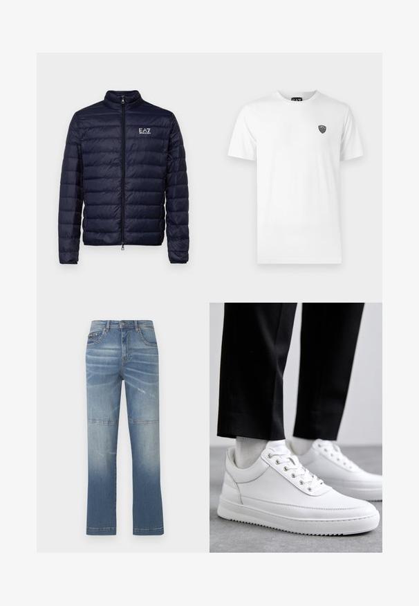 Tumesinine puffer-jakk, millel on tõmbluku sulgemine, koos quiltitud tekstuuriga ja seisva kraega. Logo on nähtav vasakul rinnal.; Valge puuvillane T-särk lühikeste varrukatega, millel on vasakul rinnal väike must logo. Klassikaline ümara kaelusega disain.; Heledad sinine denim teksad sirge sääre disainiga, millel on pleekinud kohad, õmblusdetailid ja keskmine talje. Sisaldab esikotte.; Valged nahast tennisetossud, millel on lame kummist tallapool, sile viimistlus, ümar varvas ja metallist silmadega paelte jaoks. Kantud mustade pükstega.