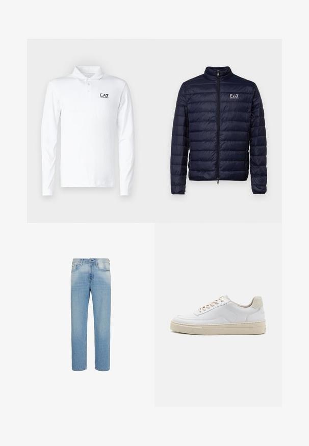 Veste matelassée marine avec fermeture éclair, présentant une texture matelassée et un col montant. Logo affiché sur le côté gauche de la poitrine.; Polo à manches longues blanc en coton, avec un col classique, trois boutons et un logo EA7 noir sur la poitrine.; Jean en denim bleu clair à coupe droite avec poches avant, passants pour ceinture et fermeture par boutons, présenté sur fond blanc.; Sneaker blanche avec un dessus en cuir lisse, des lacets beige et un onglet de talon en daim beige texturé. Semelle surélevée pour une hauteur supplémentaire.