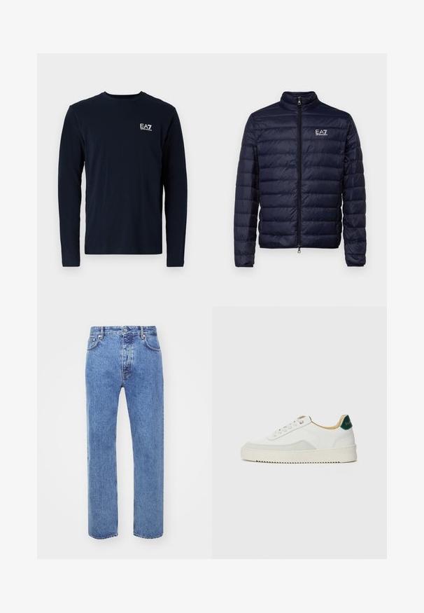 Marineblauwe pufferjack met ritssluiting, voorzien van een gequiltde textuur en een staande kraag. Logo weergegeven op de linkerkant van de borst.; Marineblauw langemouw t-shirt van katoen, met een ronde hals en een klein wit EA7-logo op de linkerkant van de borst. Zachte textuur.; Won Hundred STEVE - Relaxed fit jeans - cut blue; Witte sneaker met suède accenten, ronde neus, platte veters en een crème rubberen zool. Bevat groene branding op de hiel.