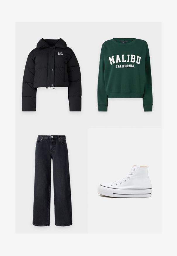 Lühendatud must pufferjope kõrge kraega, nööbist kinnitamisvõimalusega ja logodetailiga. Omab elastseid nöörkodusid allääres ja polsterdatud tekstuuri.; ONLY Sweats ONLSWEAT Sweat - Pusa - pine grove; Vero Moda Petite VMREMY MR WIDE - Wide leg - black denim; Valged kõrged tossud, millel on tekstiilmaterjal, must kummist tallat ja kontrastne must riba keskosas. Ümar varbakiht ja nöörimise disain.